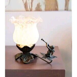 Bronze Cherub Accent Lamp Tulip Frosted Glass Shade Art Nouveau Style